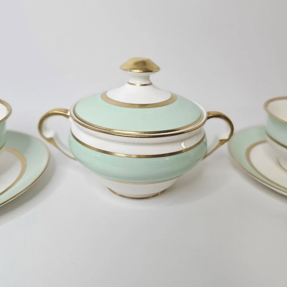 Vintage Mint Green and Gold Trim Tea Set 2 Cups Saucers and Sugar Bowl